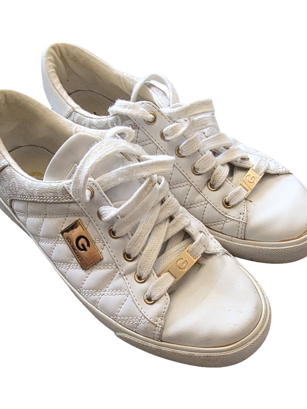 GBG Los Angeles White Quilted Lace-Up Sneakers with Gold Accents